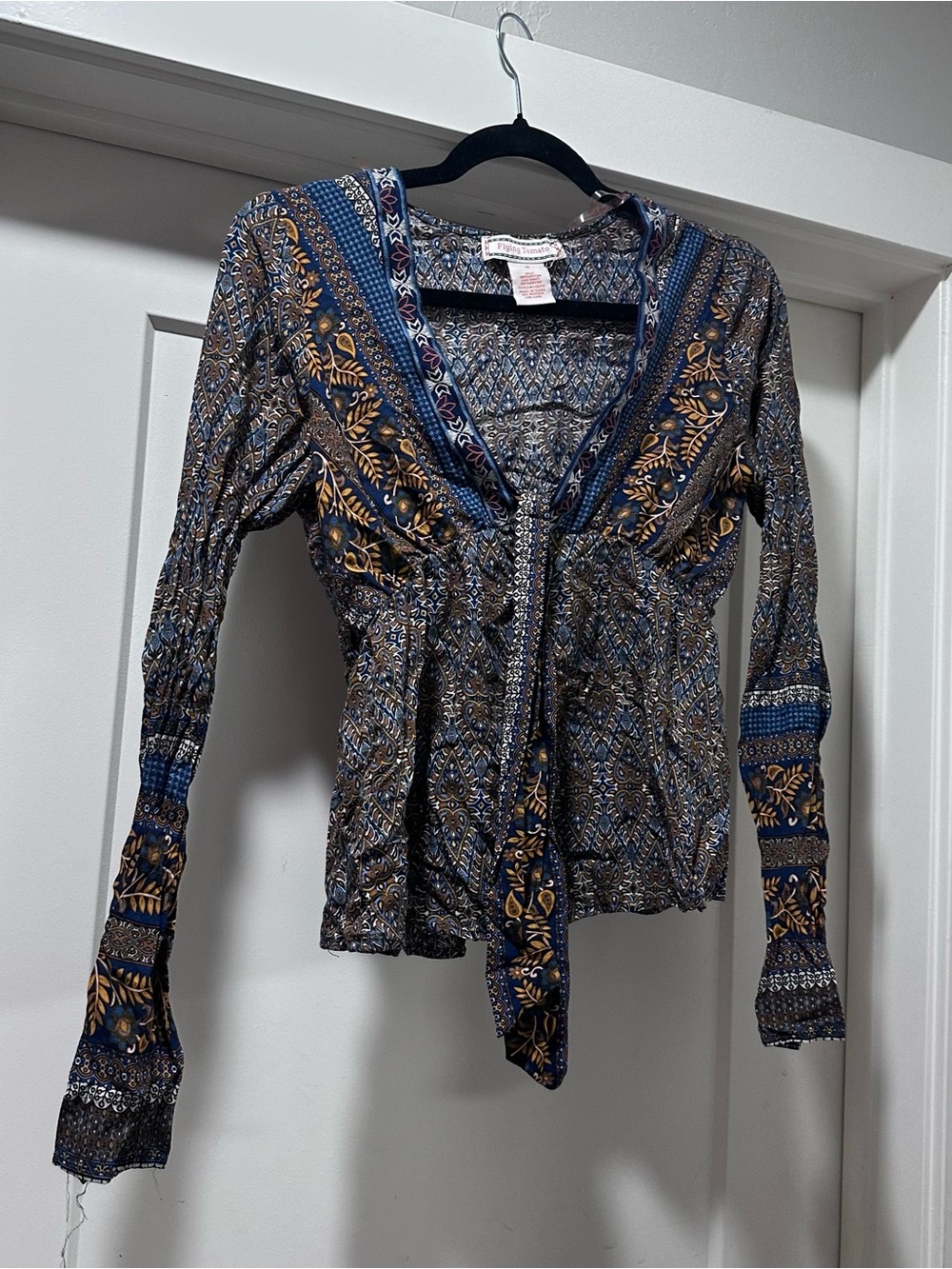 Flying Tomato Navy and Gold Patterned V-Neck Tie-Front Blouse